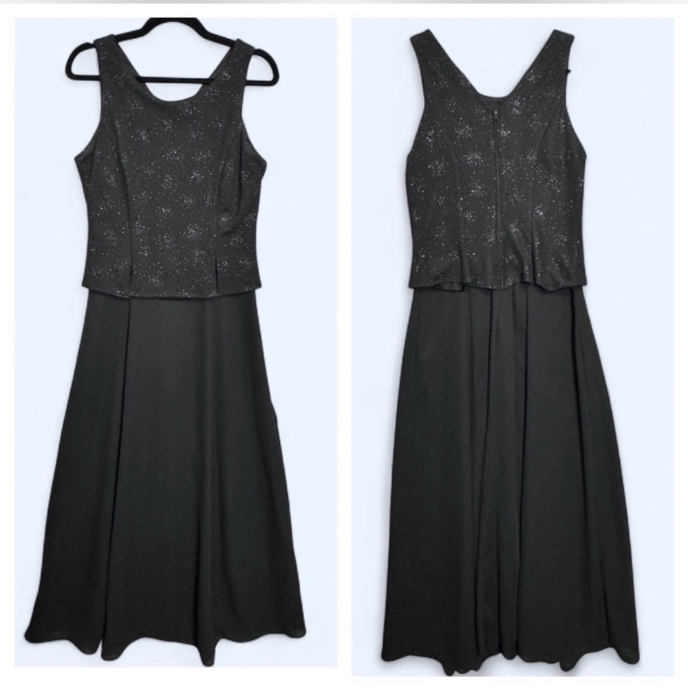 Clara Sun Woo Black Glitter Bodice Maxi‎ Evening Dress Minimalist Formal Sz M